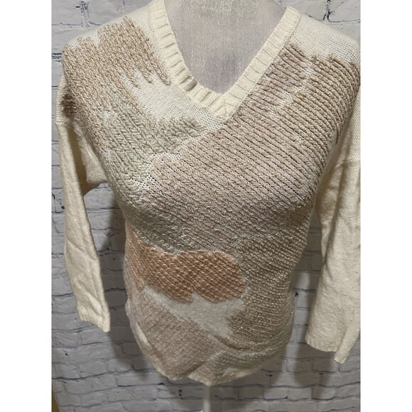 Chico's Chicos Wool Blend Cream Crew Neck Pullover Sweater Embroidered 1/Medium - Picture 2 of 8